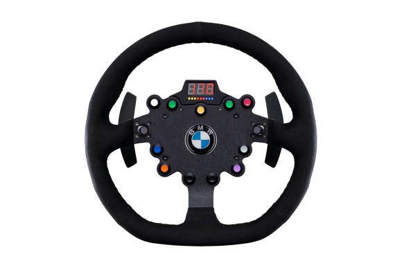 Fanatec ClubSport BMW GT2 V2 steering wheel — round GT wheel with alcantara grip and BMW motorsport branding