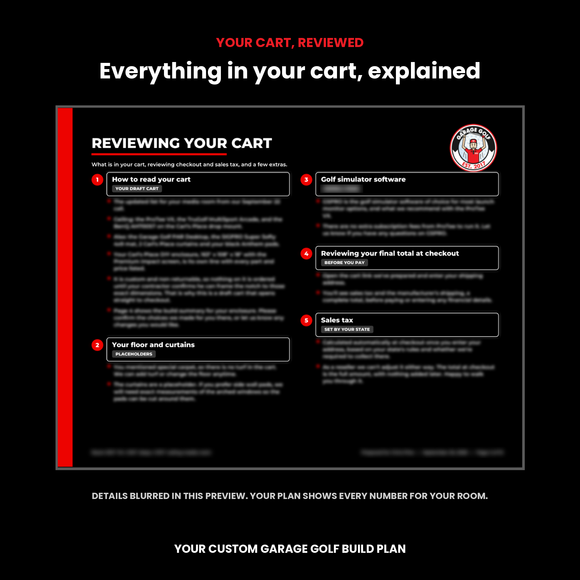 Garage Golf Build Plan cart review page, details blurred