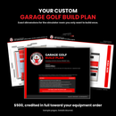 Sample pages from a custom Garage Golf Build Plan, cover page in front, details blurred