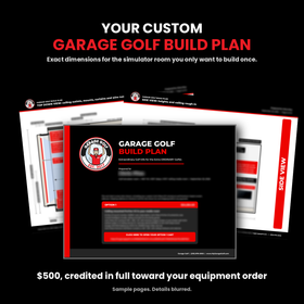 Sample pages from a custom Garage Golf Build Plan, cover page in front, details blurred