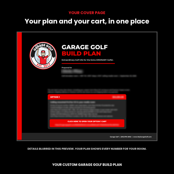 Garage Golf Build Plan cover page with your plan and cart link, details blurred
