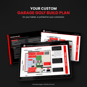 Garage Golf Build Plan shown on a tablet and as printed pages, details blurred