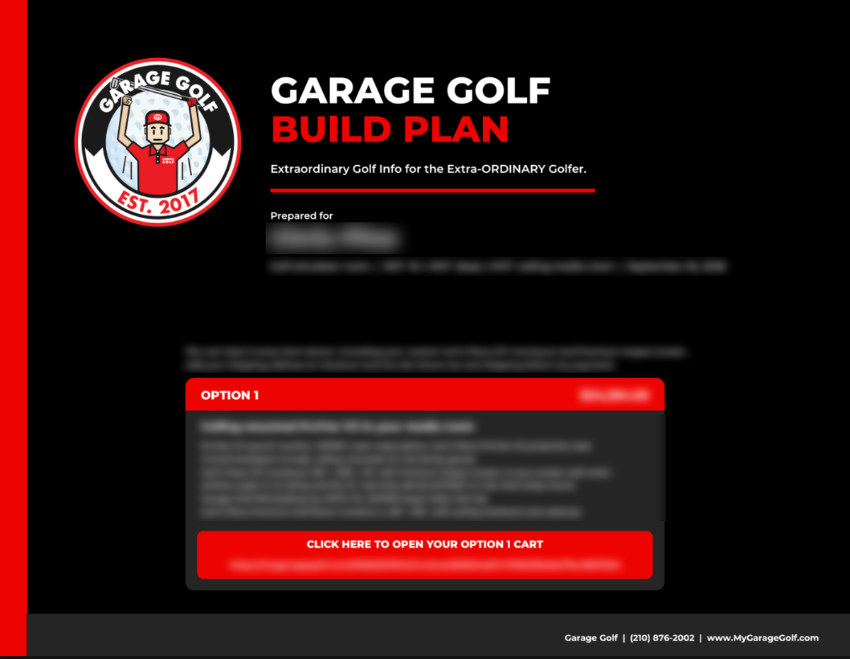 Sample Garage Golf Build Plan, cover page, details blurred