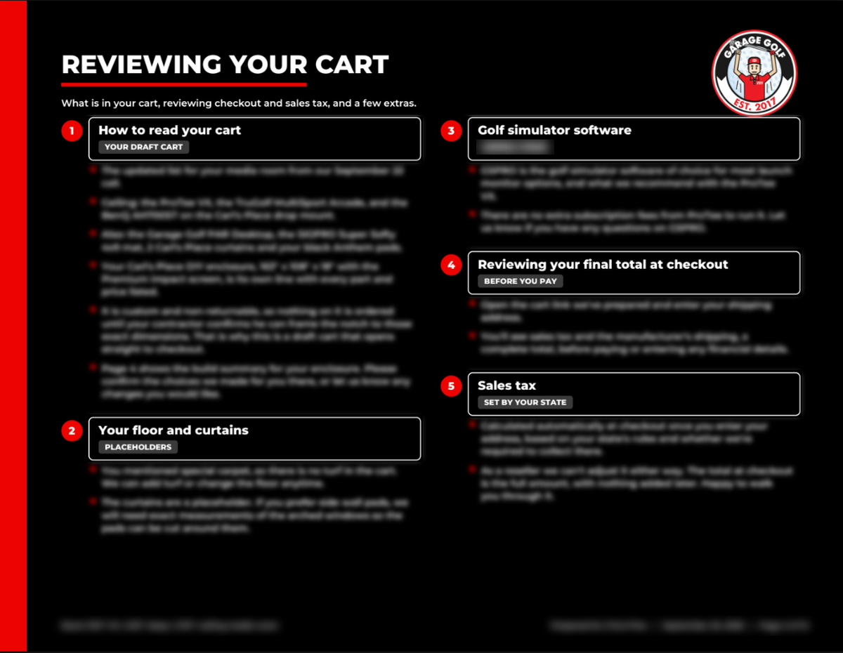 Sample Garage Golf Build Plan, reviewing your cart, details blurred