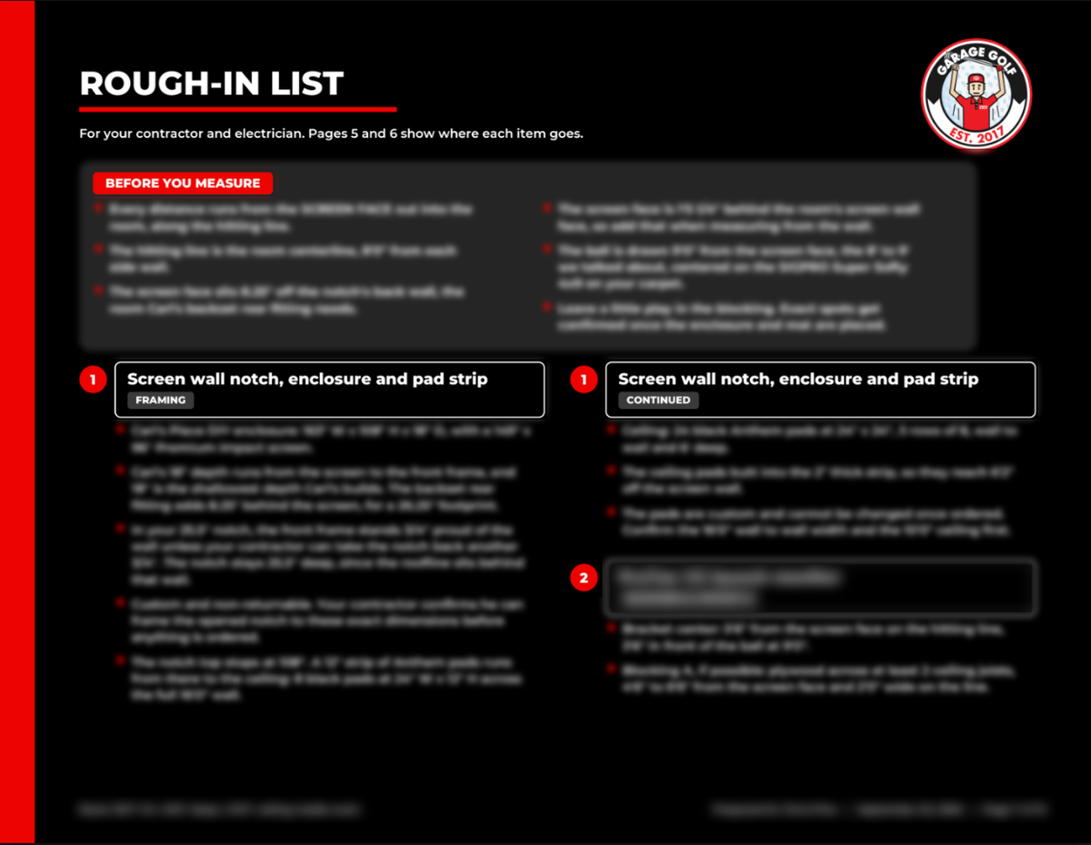 Sample Garage Golf Build Plan, rough-in list, details blurred