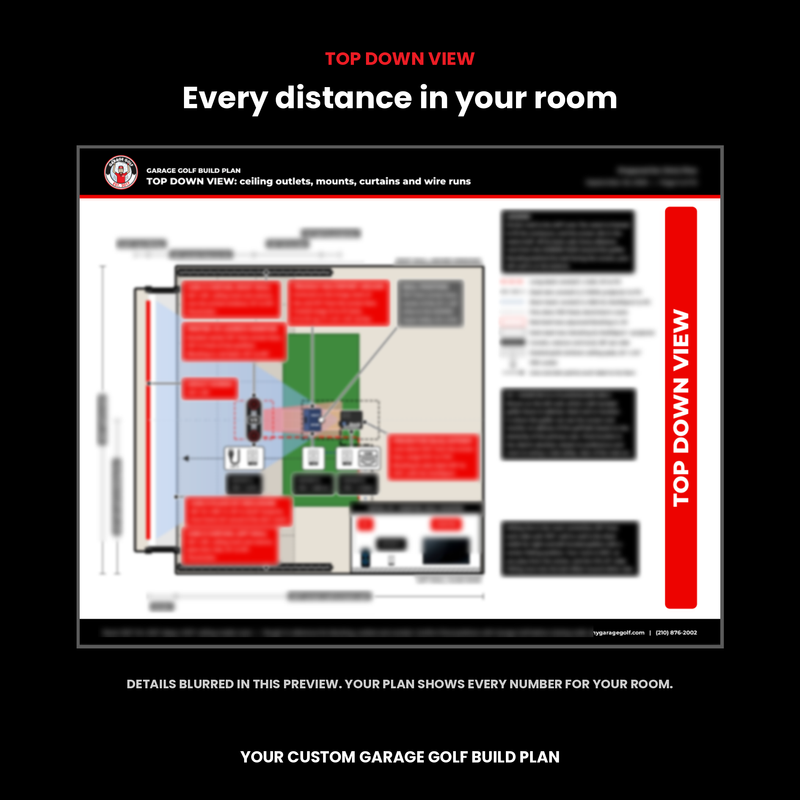 Garage Golf Build Plan top down view of a golf simulator room, details blurred