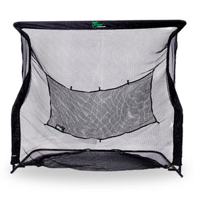 A black and white sports net with a large front net and a smaller inner target net, designed for practicing shots.