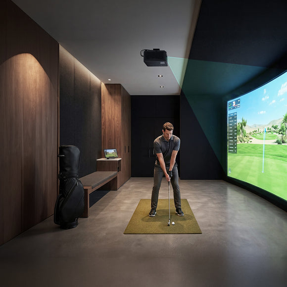 Optoma GT2300HDR short throw projector ceiling mounted in a home golf simulator