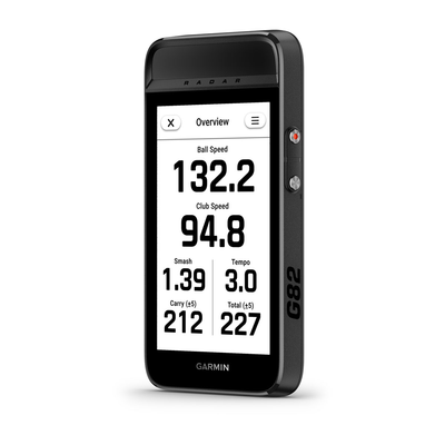 Garmin Approach G82 front view showing launch monitor ball speed and club speed data