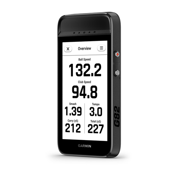 Garmin Approach G82 front view showing launch monitor ball speed and club speed data