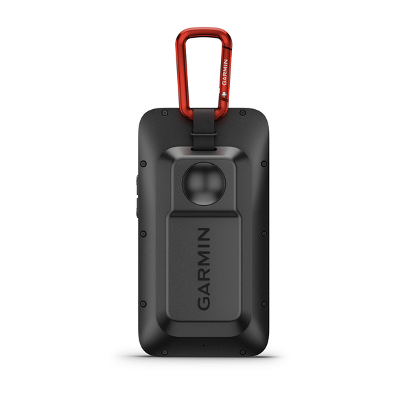 Garmin Approach G82 back view with the radar stand and carabiner bag clip attached