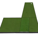 A green golf putting mat on a white background, with three sections and a hole in the upper right corner.