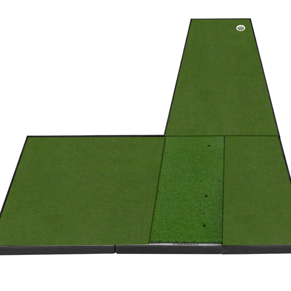 A green golf putting mat on a white background, with three sections and a hole in the upper right corner.