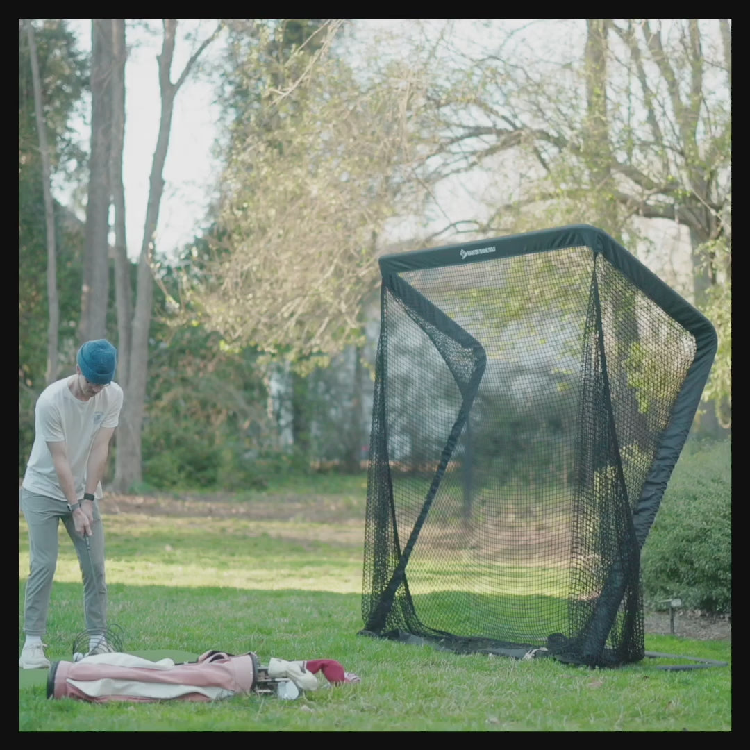 SwingNet Pro XL golf net set up and in use, from Rain or Shine Golf