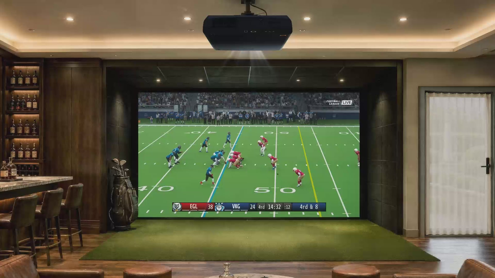 BenQ AK900ST golf simulator room switching from golf to sports, gaming and movies