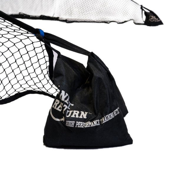Black sports net with white text reading NET RETURN HIGH PERFORMANCE TRAINING NETS on the side.