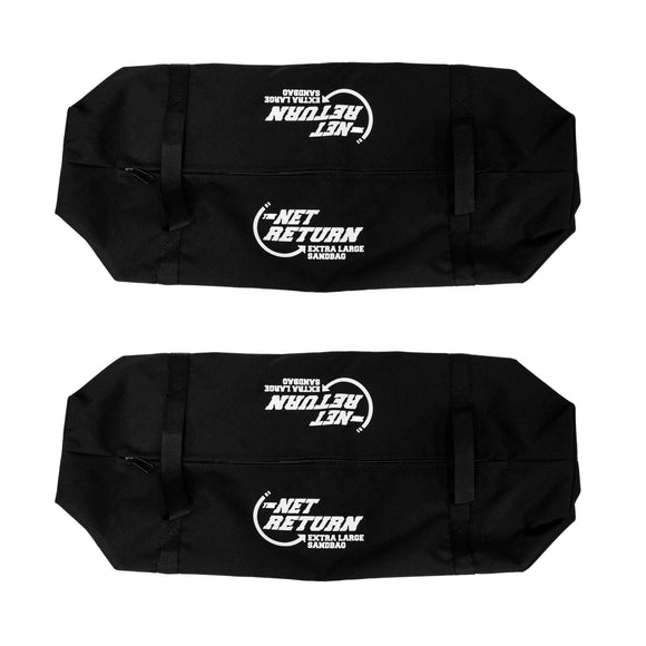 Two black sandbags with "The Net Return Extra Large Sandbag" printed on them are displayed against a white background.