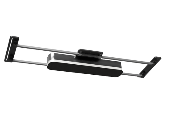 The SkyRail-LM Sliding Mount by ALLSPORTSYSTEMS is a sleek black and white linear light fixture, featuring adjustable metal arms for perfect ambiance, ideal for illuminating golf simulators or overhead launch monitors.