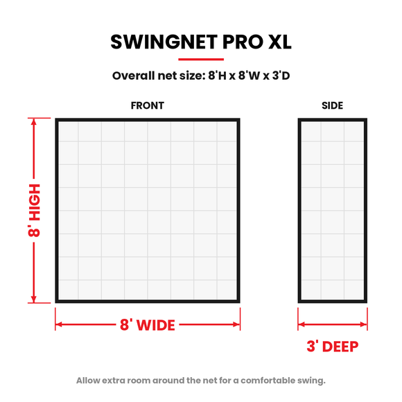 Rain or Shine Golf SwingNet Pro XL golf net dimension diagram, front and side views showing 8' high, 8' wide and 3' deep