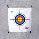 A multicolored archery target with concentric circles is displayed on a white background with black grid lines.