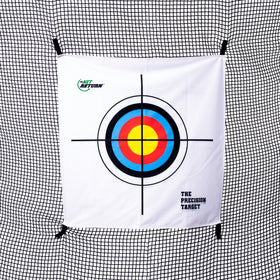 A multicolored archery target with concentric circles is displayed on a white background with black grid lines.