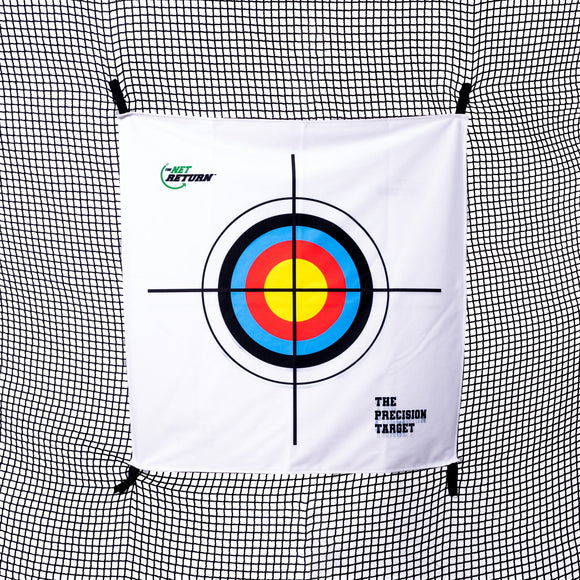 A multicolored archery target with concentric circles is displayed on a white background with black grid lines.