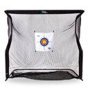 A black practice net with a target in the center on a white backdrop.