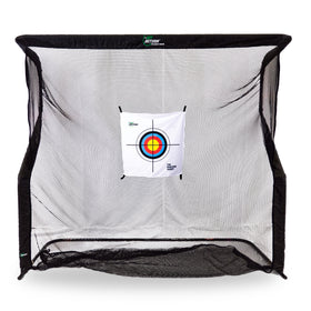A black practice net with a target in the center on a white backdrop.