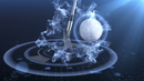 Science fiction scene with a golf club hitting a golf ball on a dark background