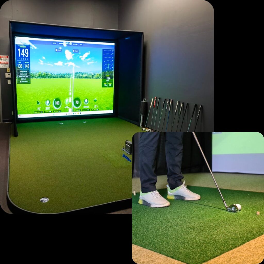 A two-image collage showing a golf simulator and a close up of someone lining up a golf swing behind a golf ball